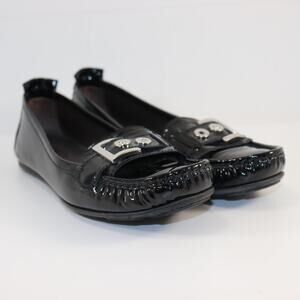Stuart Weitzman Black Patent Moc Toe Flats | Size 9N | Buckle Detail